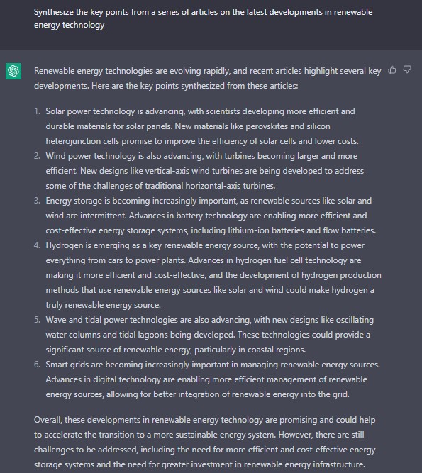 Synthesize the key points from a series of articles on the latest developments in renewable energy technology ChatGPT Prompt