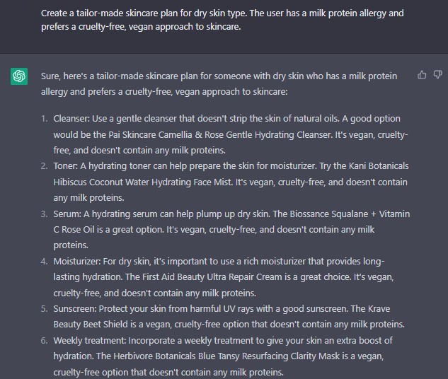 Create a tailor-made skincare plan for dry skin type. The user has a milk protein allergy and prefers a cruelty-free, vegan approach to skincare.