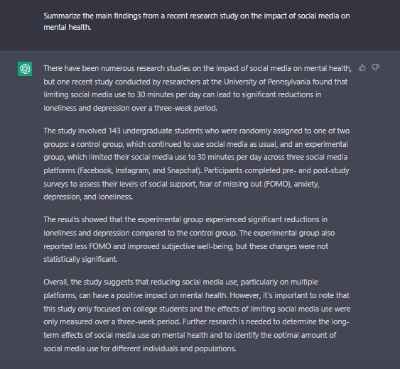 Summarize the main findings from a recent research study on the impact of social media on mental health. ChatGPT Prompt